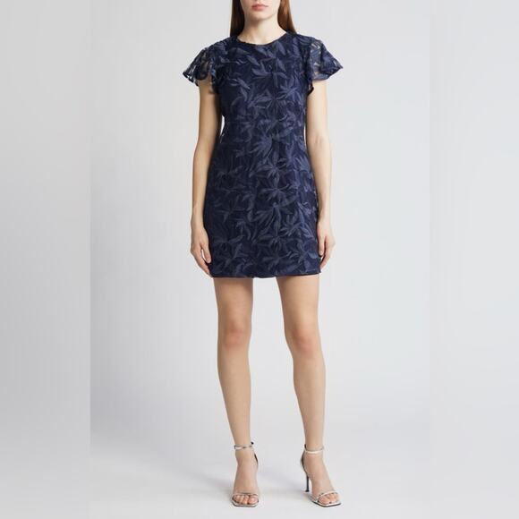 Sam Edelman Leafy Embroidered Lace Flutter Sleeve Navy Sheath Dress Size 0 - Picture 1 of 12